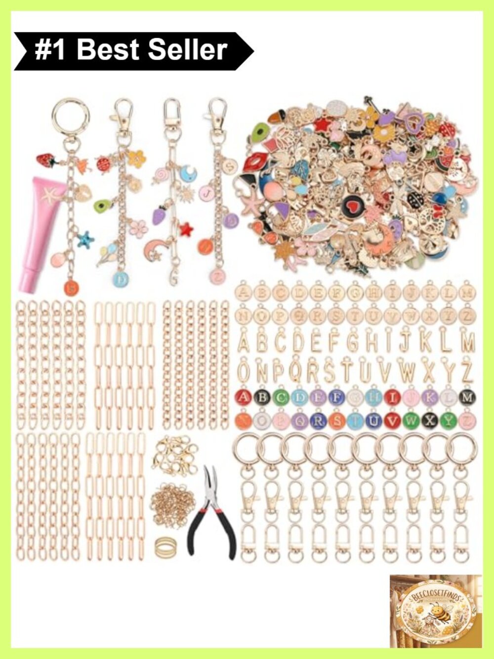 500pc DIY Charm Keychain Kit Gold Plated Jump Rings Charms Tools Jewelry Making